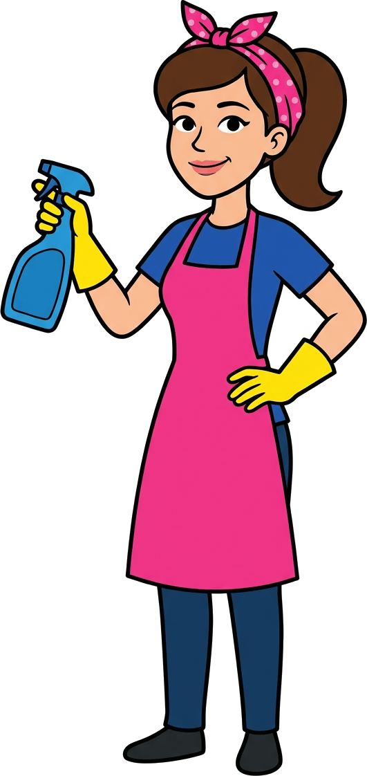 Amanda, a cheerful professional house cleaner in a pink apron and yellow gloves holding a spray bottle